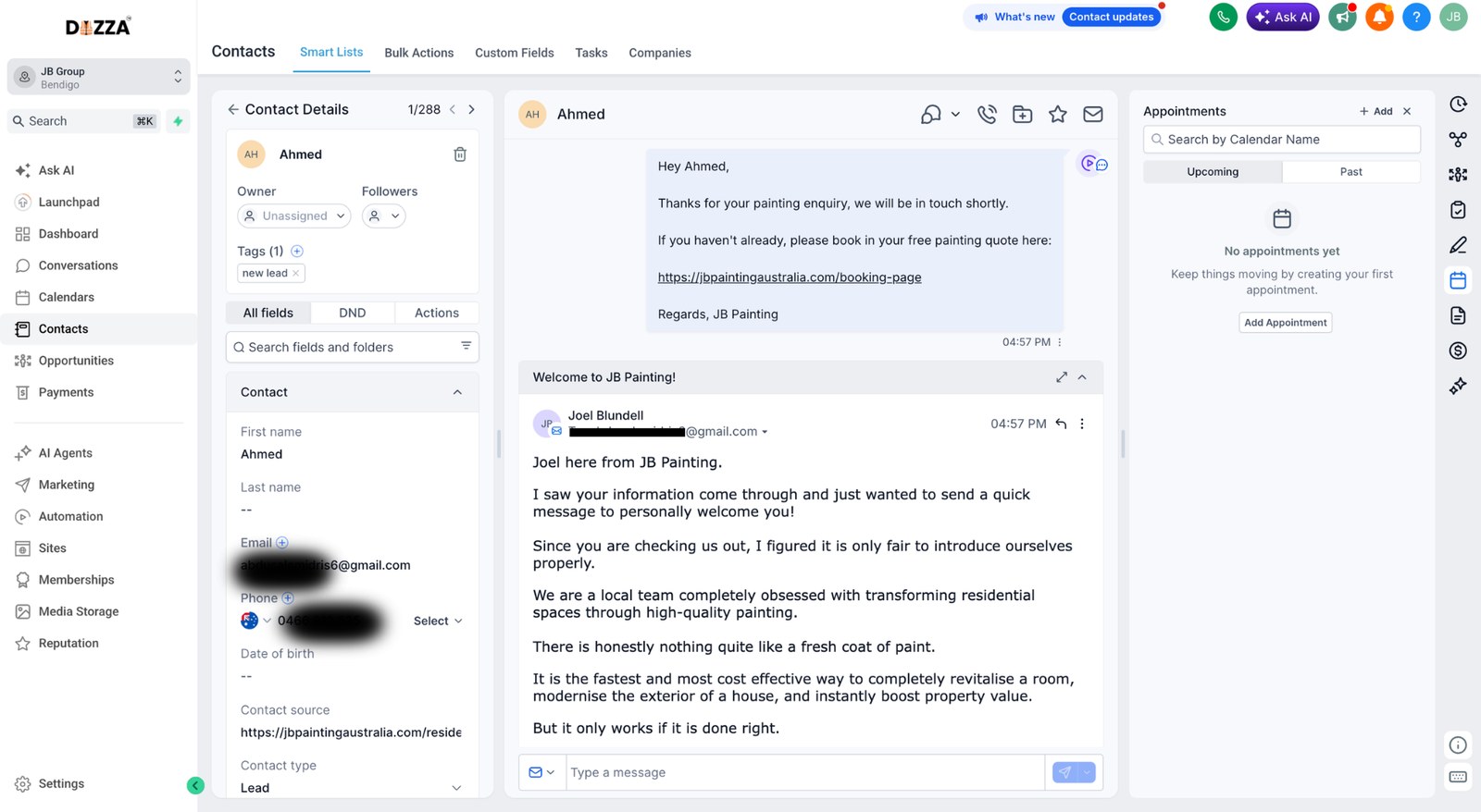 Automated SMS and welcome email sent from the CRM to a new lead the minute they enquired