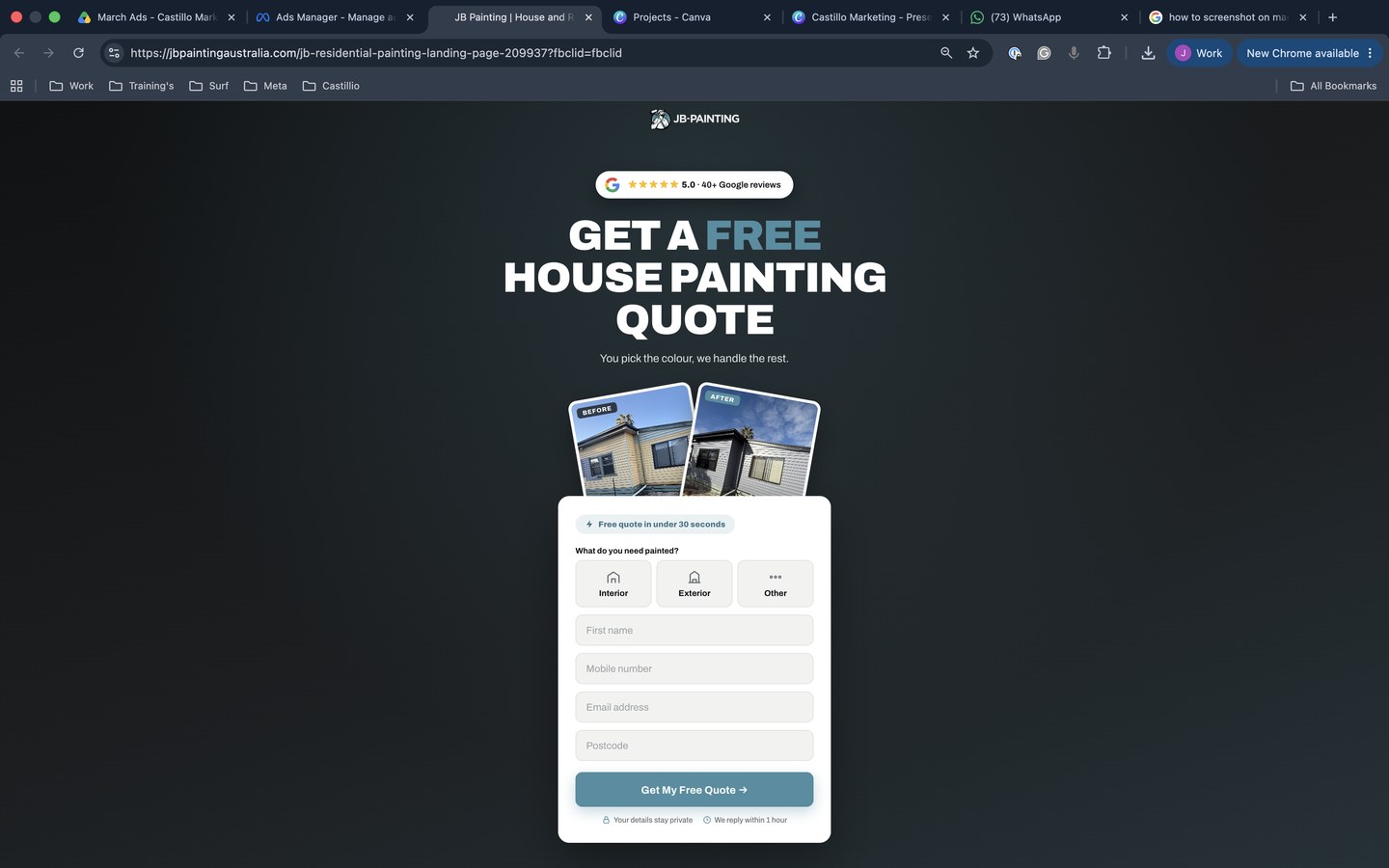 The landing page we built for JB Painting — ad traffic lands here and homeowners fill out a survey about their job