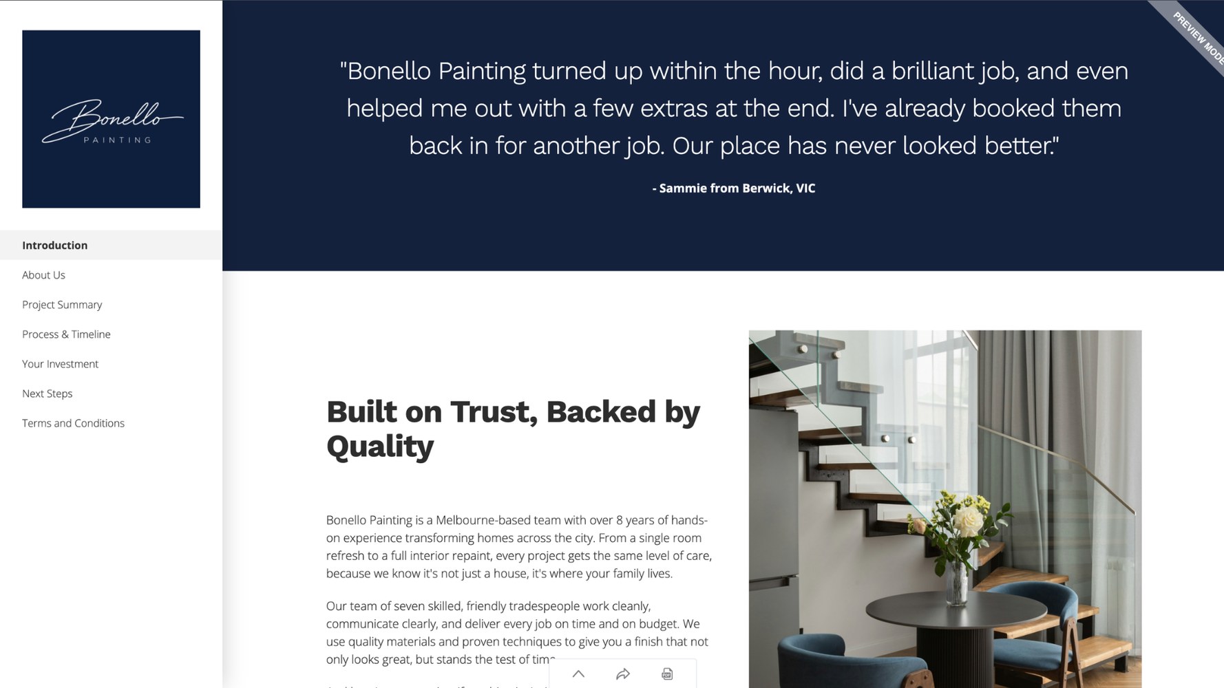 Branded quote generated and sent from the CRM